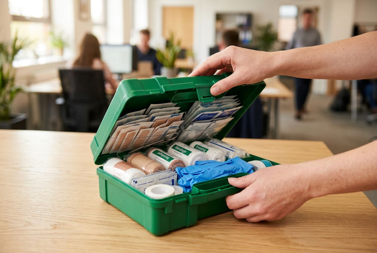 An open workplace first aid kit