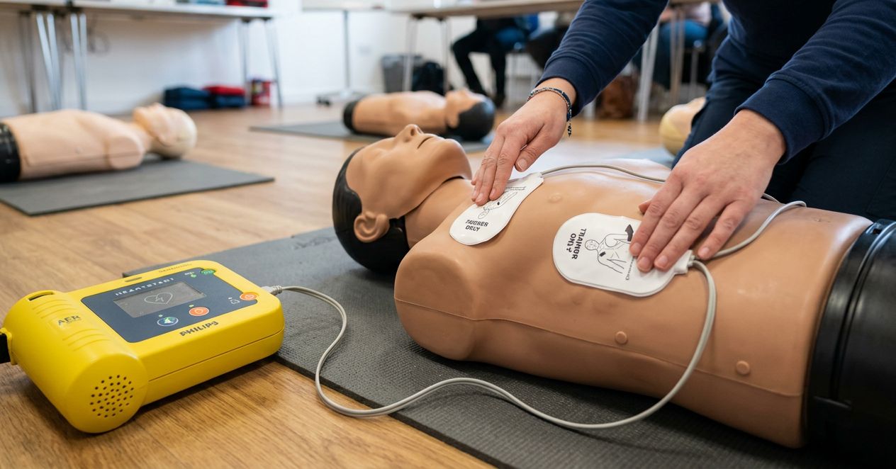 Trainee placing defibrillator pads on a CPR manikin