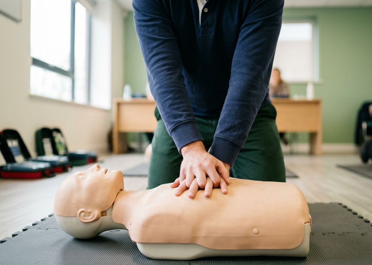 Hands performing chest compressions on a CPR manikin