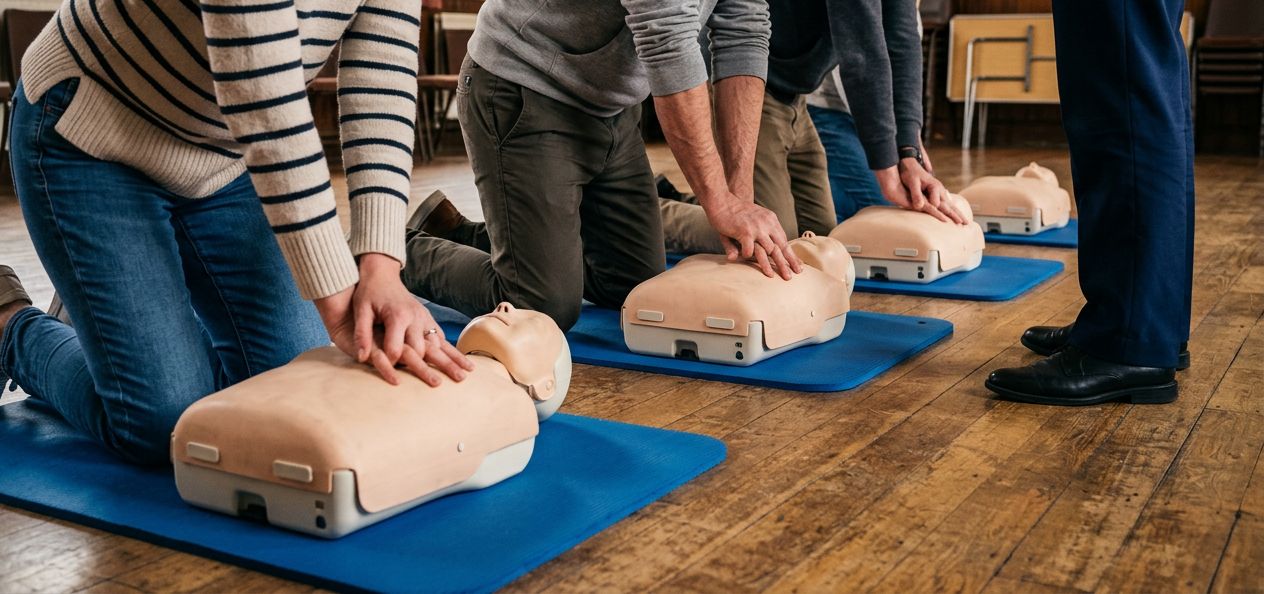 A group practising chest compressions on CPR manikins