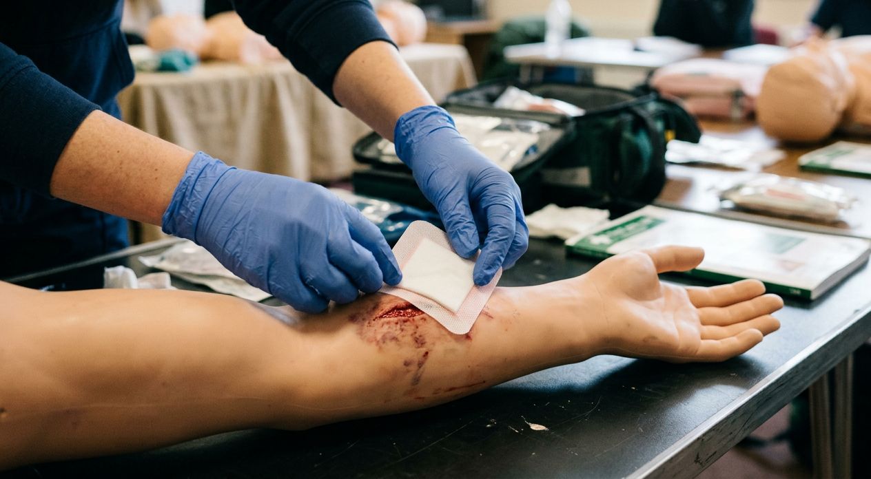 Gloved hands applying a dressing to a simulated wound