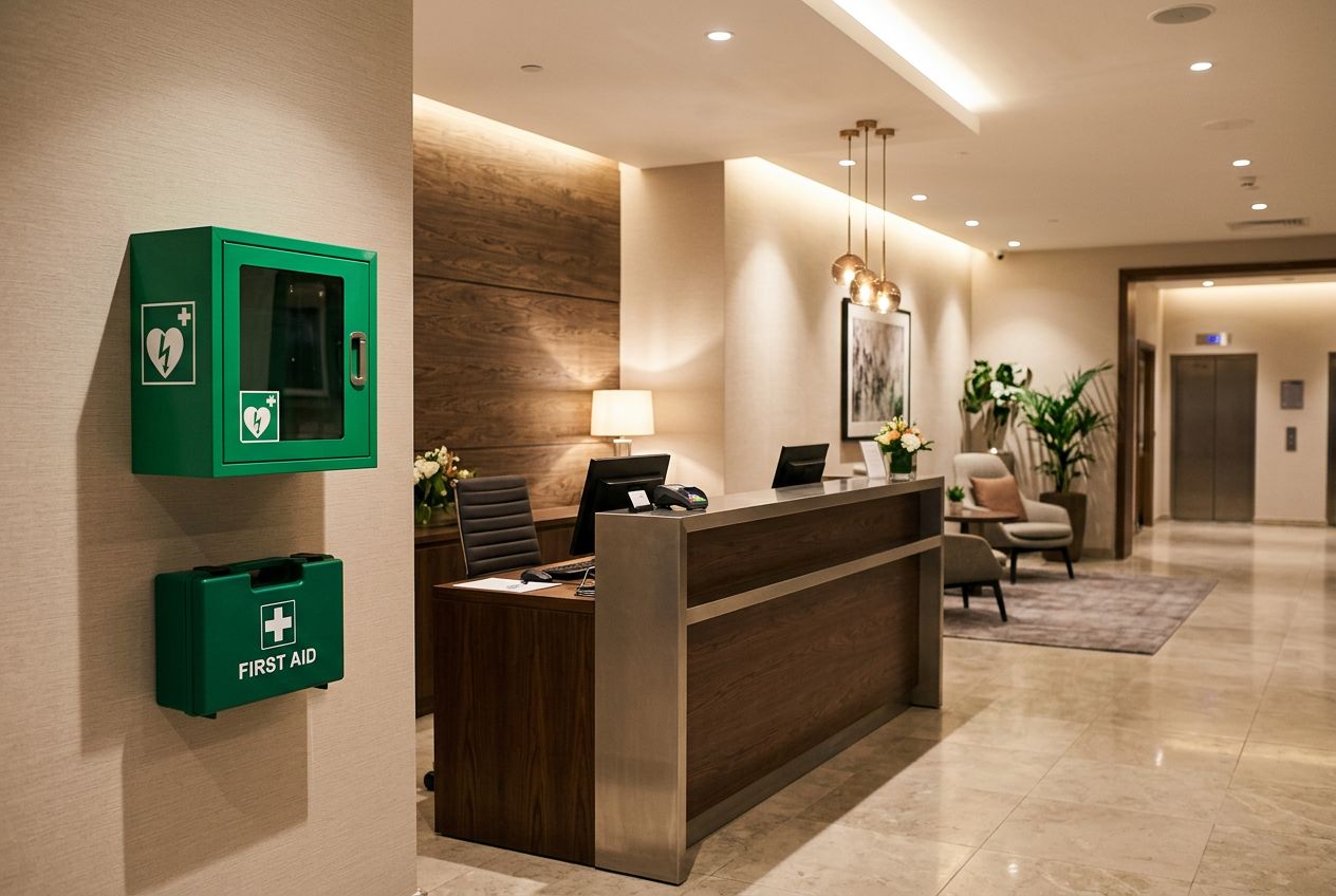 Defibrillator and first aid kit at a hotel reception