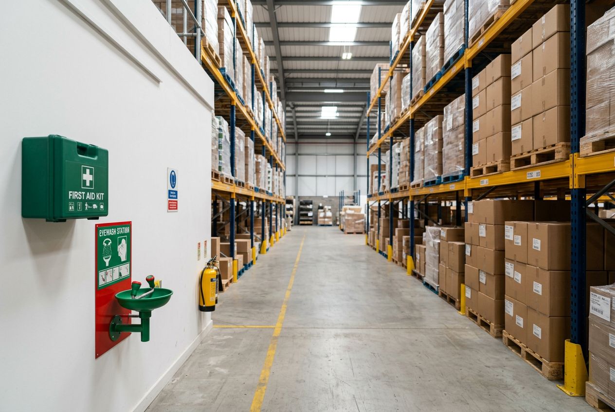 First aid kit and eyewash station in a warehouse